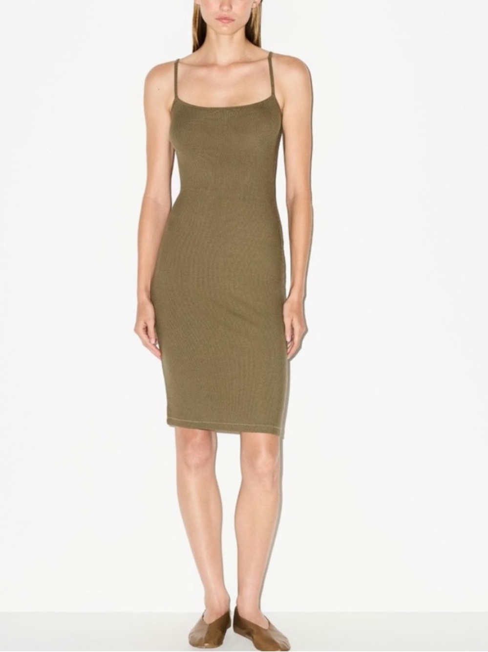 NWT SKIMS  Ribbed Midi slip Dress new oak green Soft lounge Spaghetti Strap